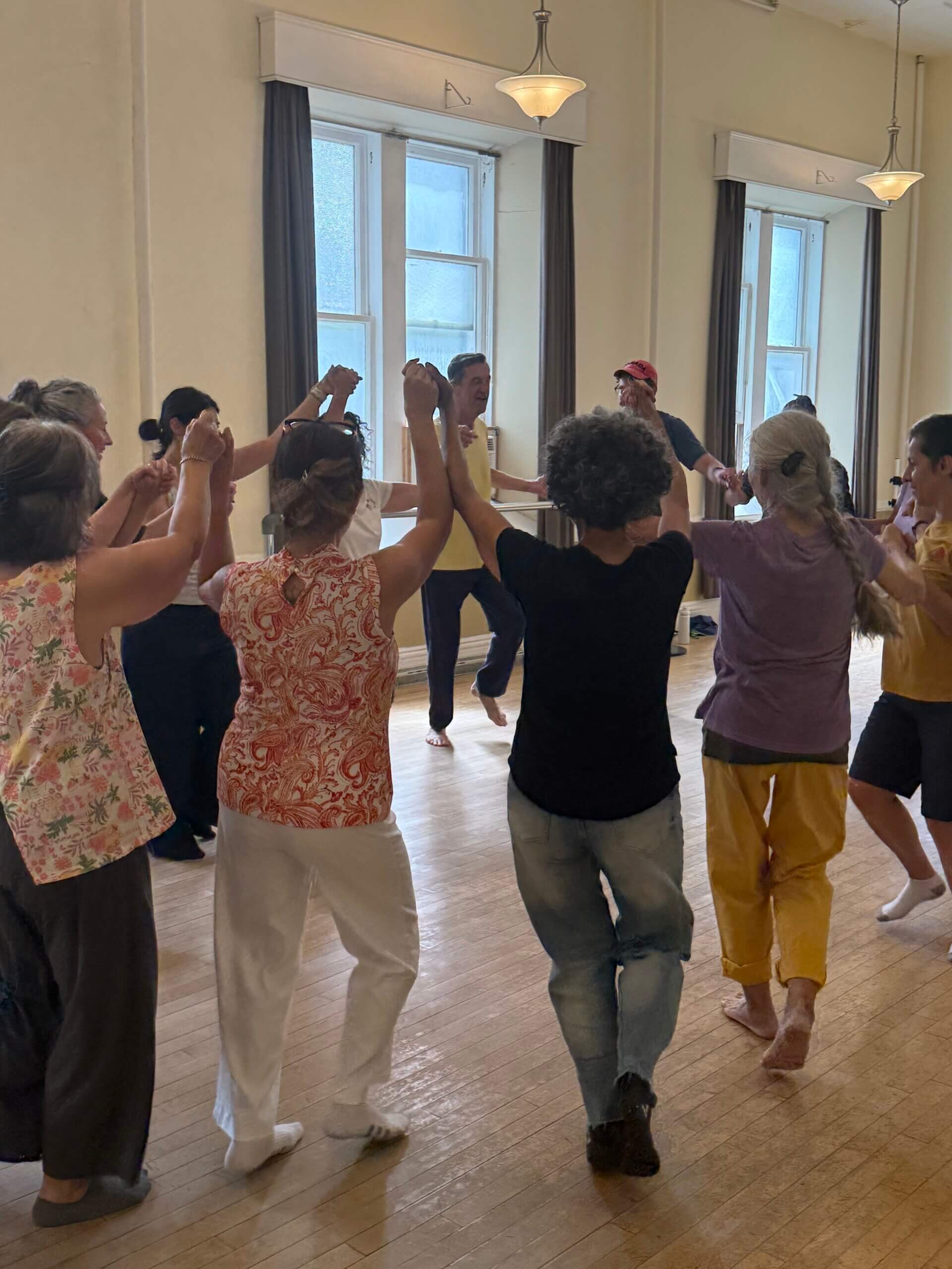 Students joyfully participating in a Biodanza class, expressing vitality and creativity.